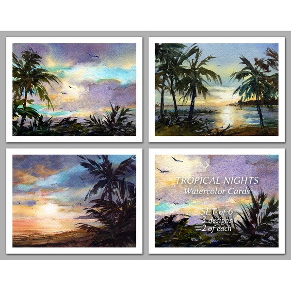 Tropical Nights - Set of 6 NOTE CARDS - Watercolor Paintings by Linda Henry (NCWC002)