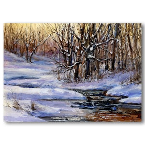 WINTER LANDSCAPE Watercolor Print by Linda Henry -&quot;Winter Days&quot; - Available in two sizes - Ready to frame with a Custom Cut white mat (#663)