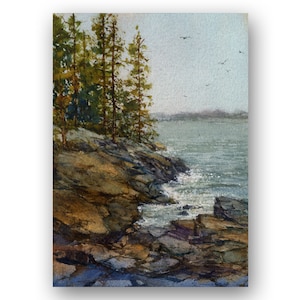 SEASCAPE Maine Coast &quot;Northern Shores&quot; Fine Art PRINT or CARD of a Watercolor by Linda Henry - Prints are Matted & Ready to Frame (#540)