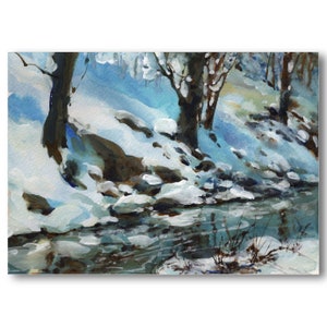 May include: A watercolor painting of a snowy winter scene with a stream running through it. The stream is surrounded by rocks and trees, and the snow is falling softly. The painting is done in a realistic style and captures the beauty of a winter wonderland.