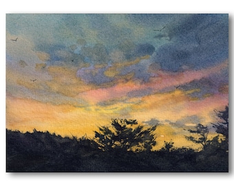 Sunset Sky - WATERCOLOR PRINT of a Painting by Linda Henry "Darkness Ascending" Available in 2 sizes - Matted & Ready to Frame (#535)