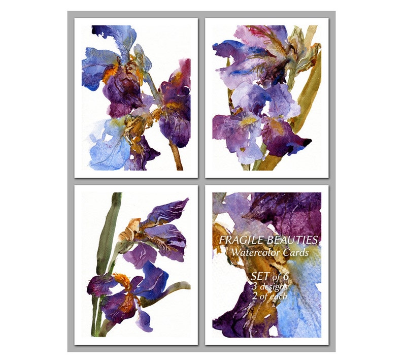 Mother's Day Gift Set of 6 NOTE CARDS Fragile Beauties Watercolor Paintings of Iris Flowers by Linda Henry NCWC091 image 1