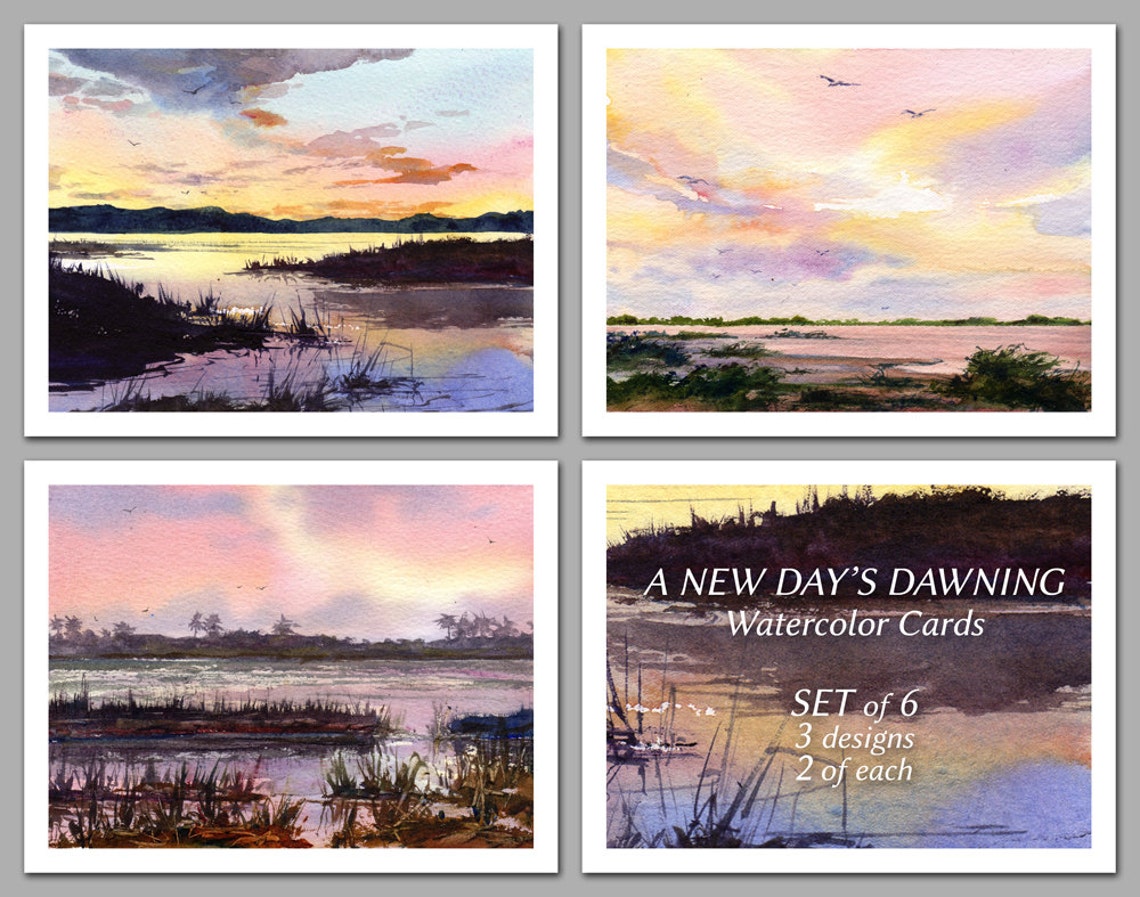 A New Day's Dawning Set of 6 NOTE CARDS Watercolor Paintings by Linda ...