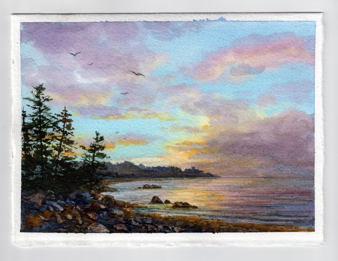 Maine Coast Seascape WATERCOLOR PRINT daybreak Art by Linda Henry