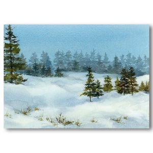 Christmas Trees in the Snow - PRINT or CARD of a Winter Watercolor Painting by Linda Henry - Prints are Matted & Ready to Frame (#587)