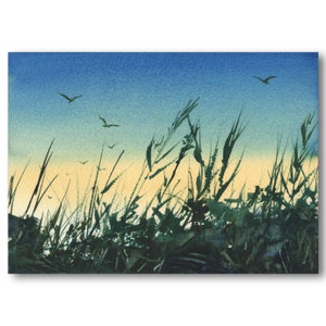 May include: A watercolor painting of a field of tall grass silhouetted against a blue and yellow sky.  The sky is a gradient of blue at the top, fading to yellow at the bottom.  There are a few birds flying in the sky.