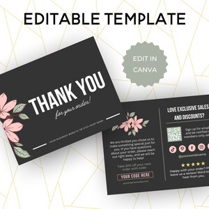 Modelo editável de cartão de agradecimento Canva para inserção de pacote para impressão, pequeno empresário, empreendedor, ferramenta de loja Etsy, marca floral rosa, MFC