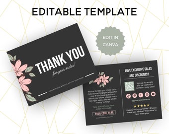 Canva ThankYou Card Editable Template for Printable Package Insert Small Business Owner Entrepreneur Etsy Shop Tool Pink Floral Branding MFC