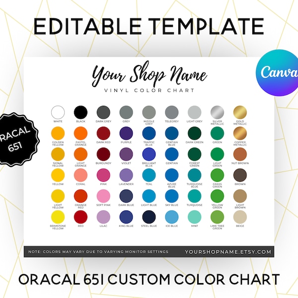 Oracal 651 Custom Editable Color Chart Template for Vinyl Decal Small Business Owners and Etsy Shop Sellers Canva Template Business Tools