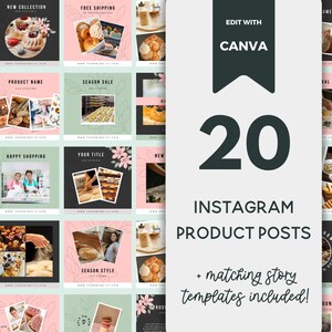 May include: Twenty Instagram post templates for bakery businesses. The templates feature a pink and green color scheme with images of pastries, bread, and bakery equipment. The text "EDIT WITH CANVA" is displayed in a black box with a pink ribbon.