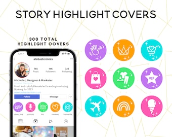 Instagram story highlight colors in fun bright candy rainbow colors with sparkles, blue, green, purple, orange icons for social media IG