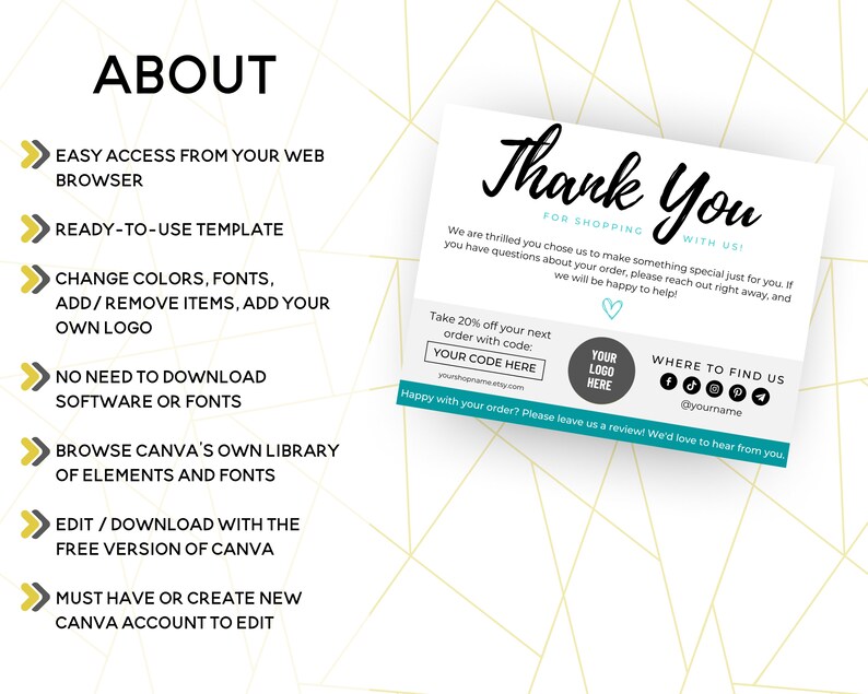 Editable in Canva Thank You Card Template for Printable Package Insert ...