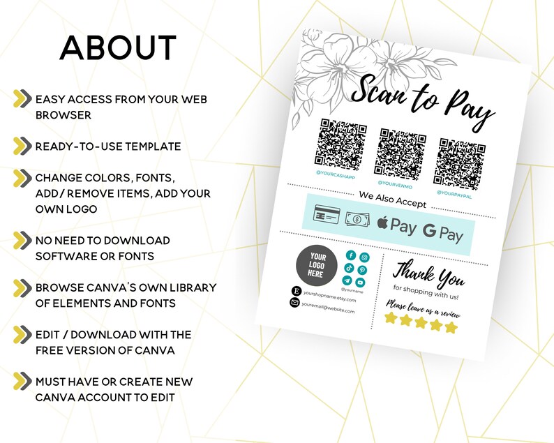 Scan to Pay QR Code Sign Template Printable for Paypal, Venmo, Cashapp ...