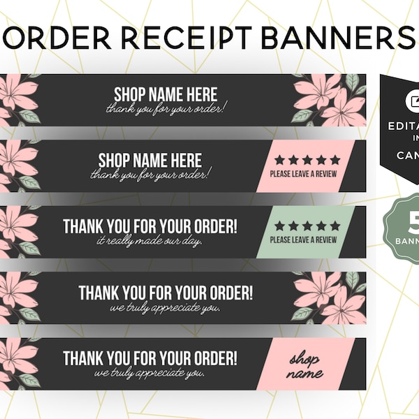 Canva Etsy Shop Order Receipt Banner Kit, Editable Template, Small Business, Pink Floral Branding, Seller Template, Custom, Feminine, MFC