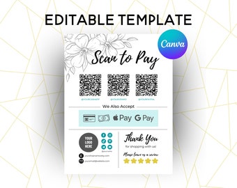 Scan to Pay QR Code Sign Template Printable for Paypal, Venmo, Cashapp, Digital Payments. Customizable and personalized small business sign