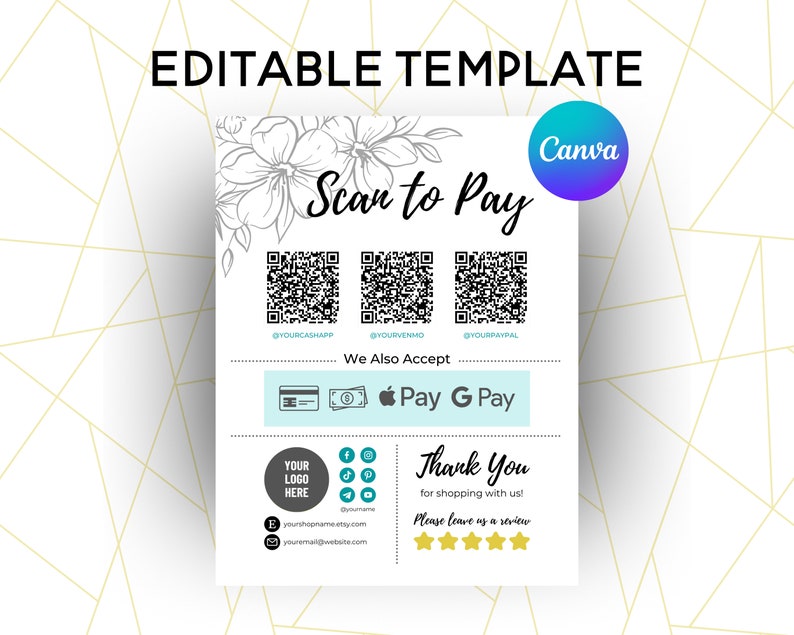 Scan to Pay QR Code Sign Template Printable for Paypal, Venmo, Cashapp ...