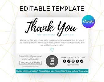 Editable in Canva Thank You Card Template for Printable Package Insert Small Business Owners Etsy Shop Sellers Business Tools Print at Home
