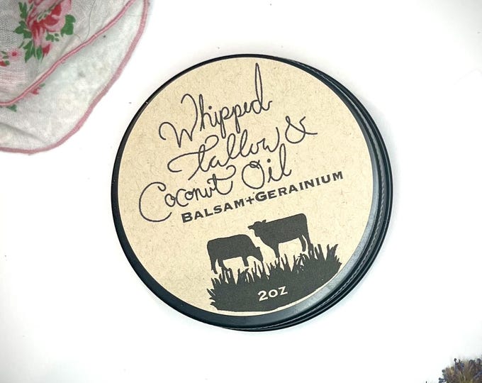 3 ingredient Tallow Butter / made with Maine raised beef tallow organic coconut oil with essential oils in balsam and geranium scent