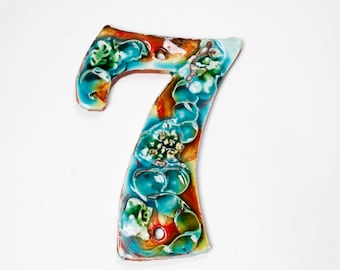 Ceramic Handmade House Number '7' Coral Reef