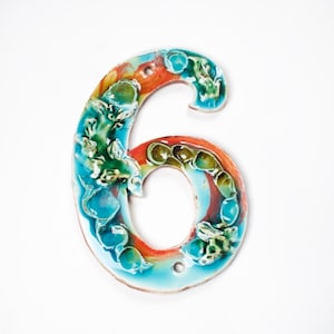 Ceramic Handmade House Number &#39;6&#39; Coral Reef