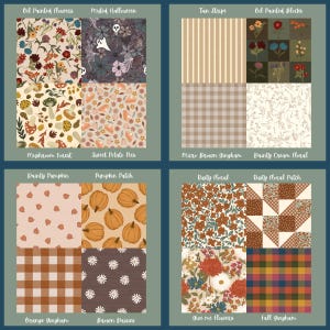 Könnte beinhalten: Eine Sammlung von sechzehn Stoffmuster-Proben, angeordnet in vier Rastern. Die Muster umfassen Oil Painted Flowers, Muted Halloween, Mushroom Forest, Sweet Potato Pies, Tan Stripe, Oil Painted Blocks, Micro Brown Gingham, Dainty Cream Floral, Dainty Pumpkin, Pumpkin Patch, Orange Gingham, Brown Daisies, Rusty Floral, Rusty Floral Patch, Give me Flowers und Fall Gingham.