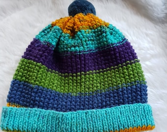 Handgestrickt, Regenbogen gestreift, Pompom Wintermütze