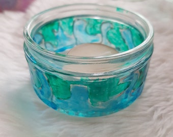 Hand Painted, Glass, Tealight, Candle Holder - With Tealight