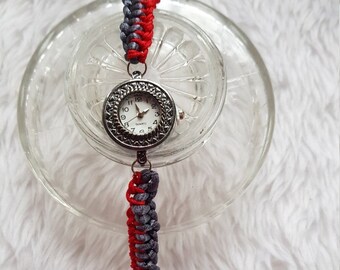 Hand Crafted Decorative Ladies Silver Coloured Wristwatch with Macrame Grey and Red Woven Strap