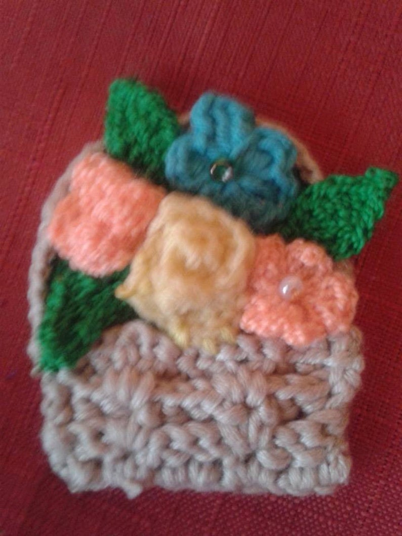 Hand Crocheted Basket Full of Flowers Brooch