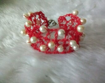 Handmade, Red with Pearlised Beads Crocheted Wire Bracelet