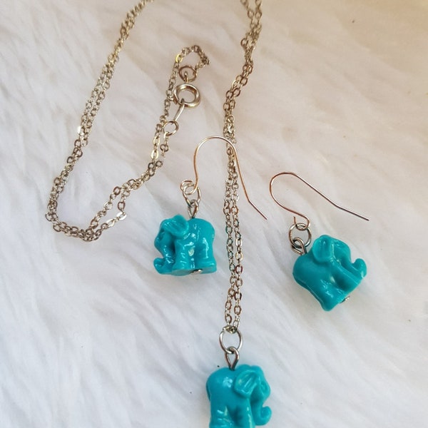 Handmade, Unique Design, Two Piece Jewellery Set Turquoise Blue Mini Elephants - Necklace and Earrings