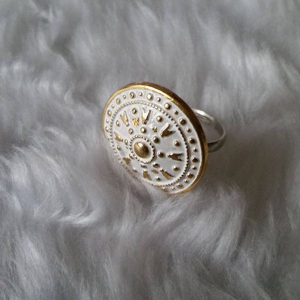 Handmade, Unique Vintage Button Ring in White & Gold