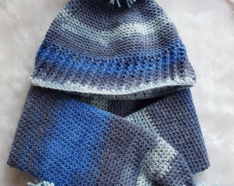 Hand Crocheted, 2 Piece, Children's size, Winter Hat & Scarf in Shades of Blue