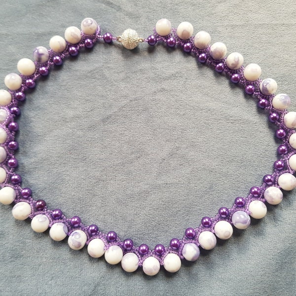 Handmade, Heavily Beaded Chunky Style Necklace in a Mixture of Purple and white/purple pearlised beads with dipped front. Completely Unique