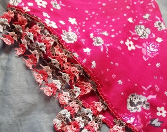 Handmade, Fuschia with Grey/Pink/White Floral Print, Hand Crocheted Edging, Cotton Headscarf/Bandana