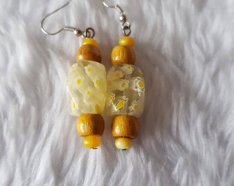 Handmade Sunshine Yellow Earrings - Wooden and Acrylic Beads