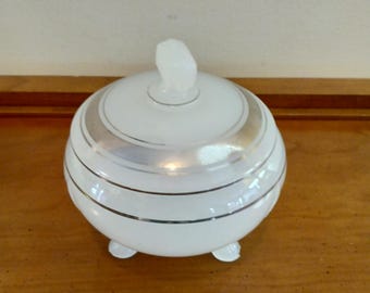 Vintage 1950's Viking  White and Silver Stripe Flowerlite Candy Dish  4 1/4"