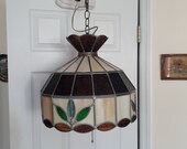 Vintage Mid Century Tiffany Style Leaded Slag Glass Amber and Cream Pendant Ceiling Light