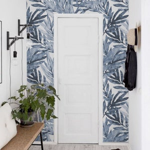 Tropical leaves Watercolor Removable Wallpaper | Floral Removable Fabric Wall Mural | Tropical Leaves Wall Decor