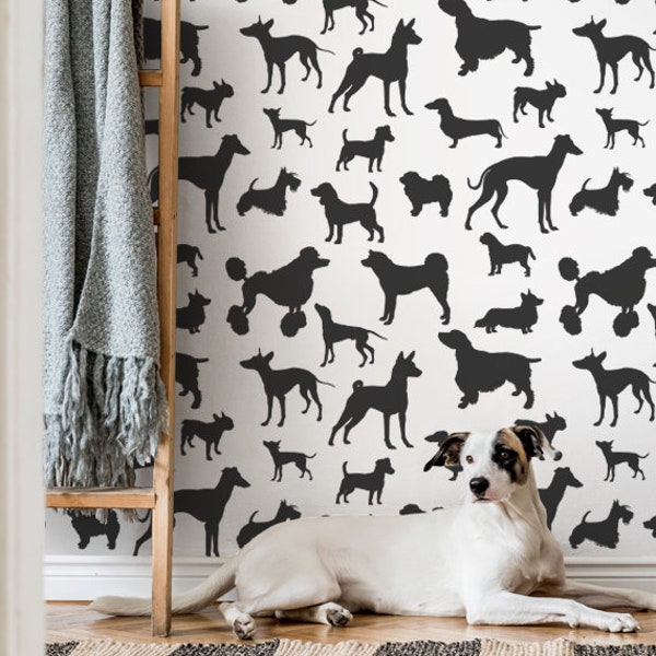 Dogs Removable Wallpaper | Black dogs Peel & Stick Fabric Wallpaper | Black Animal Wall Decor