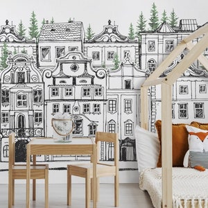 English town wallpaper mural | Kids Peel and Stick Fabric Mural | Removable Fabric Wall Decor