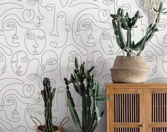 Abstract Face Line Removable WallPaper | Modern Peel & Stick Fabric Wallpaper