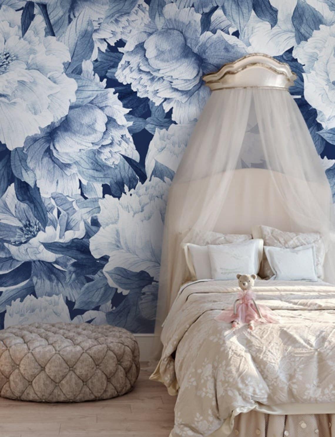 Blue Peonies Peel & Stick Wallpaper Removable Fabric Etsy