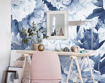 Blue Peonies Peel & Stick Wallpaper | Peony Removable Wallpaper | Floral Fabric Wallpaper
