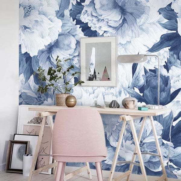 Blue Peonies Peel & Stick Wallpaper | Peony Removable Wallpaper | Floral Fabric Wallpaper