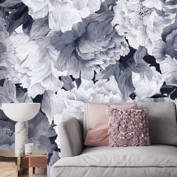 White Peony Wallpaper Mural | Peony Removable Fabric Wall Mural | Floral Peel & Stick Wall Decor