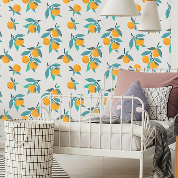 Amovible Mandarine | Papier peint floral en tissu adhésif | Décoration murale mandarine