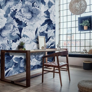 Peonies Flowers Removable Wallpaper Mural | Blue Peel & Stick Fabric Wallpaper Mural