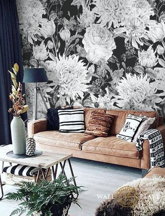 Watercolor Black And White Flowers Mural Removable Wallpaper Etsy