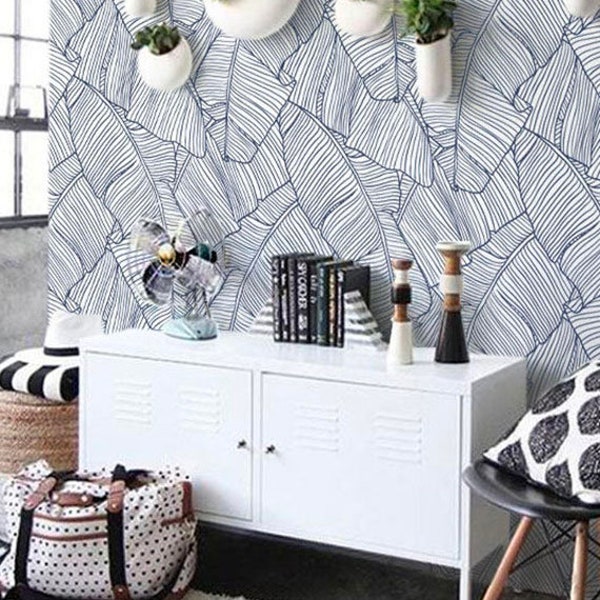 Blue Banana Leaf  Removable Wallpaper | Floral Peel & Stick Fabric Wallpaper | Modern Floral Leaves Wall Decor
